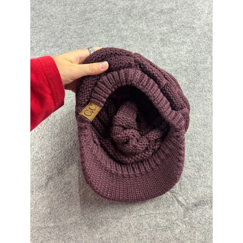 CC Exclusives Berry Purple Knit Beanie Hat with Brim Ponytail Messy Bun YJ-2023